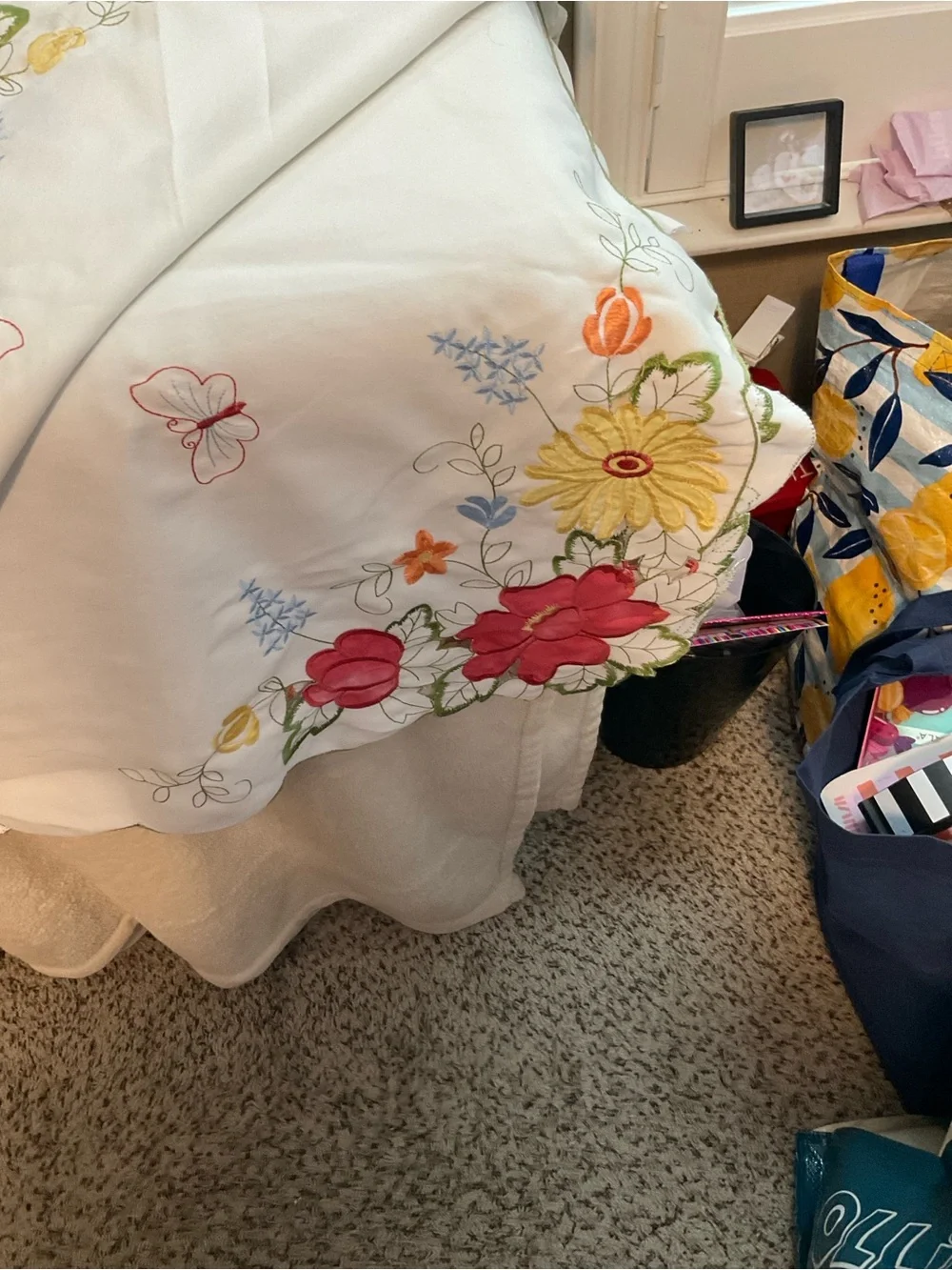 Embroidered Floral White Tablecloth with Multicolor Accents